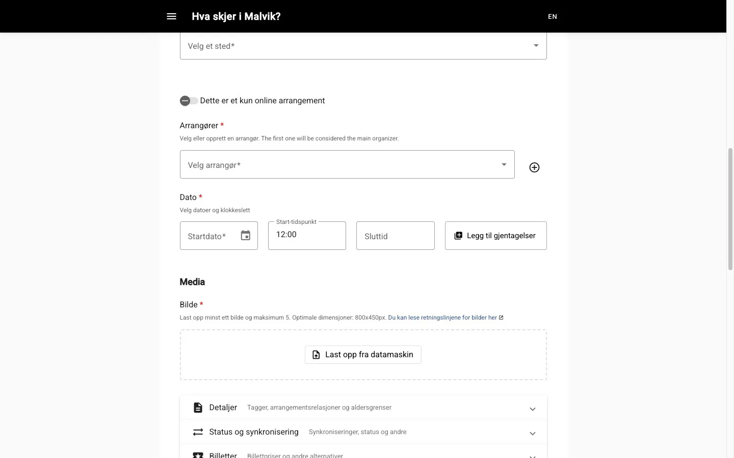 Datoer, gjentagelser, steder og bilder i publiseringsskjemaet
