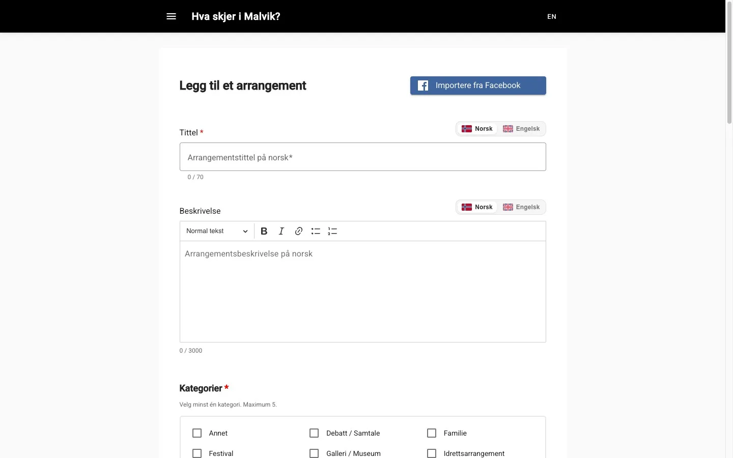 Skjemaet arrangørene bruker for å publisere selv, med import fra Facebook